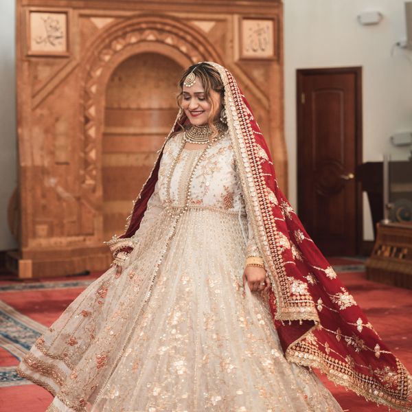 Red and Off White Anarkali Style Lehenga