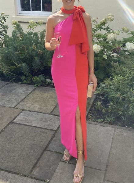 karen millen pink and orange dress Karen Millen Compact Stretch Colour Block Tailored Halter Neck Midi Dress in Hot Pink