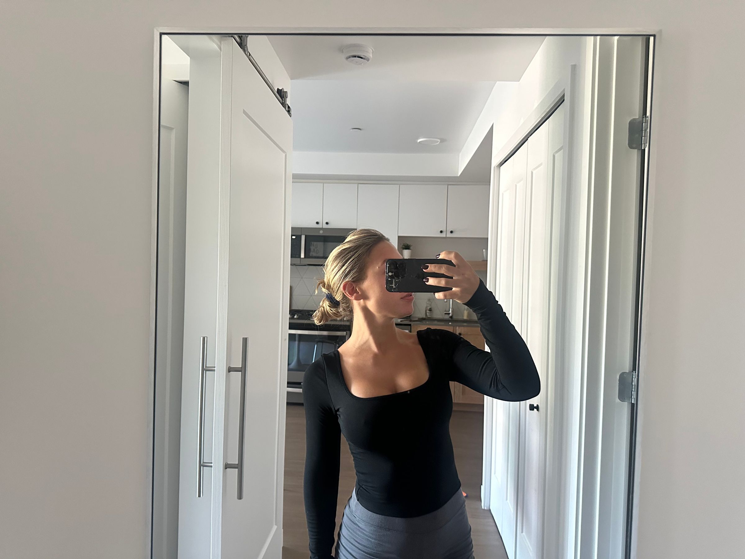 Rounded Square Neck Long Sleeve Top in Black