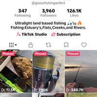 TikTok profile page for fishing content creator Robbo showing ultralight land-based fishing videos with follower count and pinned fishing posts